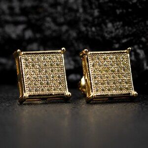 Men's Flat Screen Iced 14k Gold Plated Canary Yellow  Hip Hop Stud Earrings